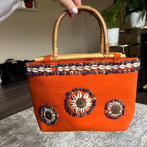 vintage y2k boho indie coastal orange beaded shell bag with bamboo handle